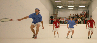 Playing squash doubles